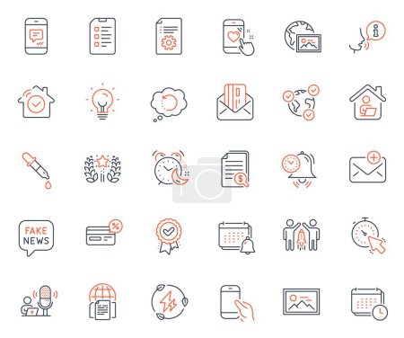 Téléchargez les illustrations : Technology icons set. Included icon as Approved award, New mail and Heart rating web elements. Photo, Time management, Calendar icons. Fake news, Recovery data, Internet documents web signs. Vector - en licence libre de droit