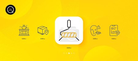 Illustration for Coffee shop, Paint roller and Parcel tracking minimal line icons. Yellow abstract background. Report checklist, Voice wave icons. For web, application, printing. Vector - Royalty Free Image