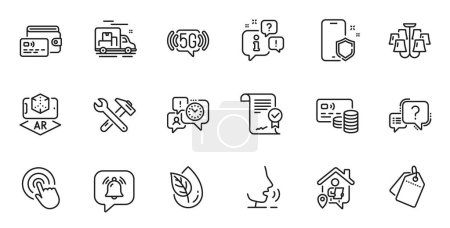 Téléchargez les illustrations : Outline set of Card, Augmented reality and 5g wifi line icons for web application. Talk, information, delivery truck outline icon. Include Wallet, Sale tags, Click icons. Vector - en licence libre de droit
