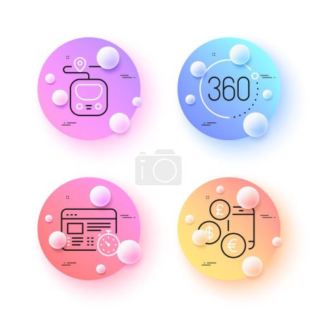 Ilustración de Web timer, Currency rate and 360 degrees minimal line icons. 3d spheres or balls buttons. Metro icons. For web, application, printing. Online test, Online exchange, Full rotation. Vector - Imagen libre de derechos