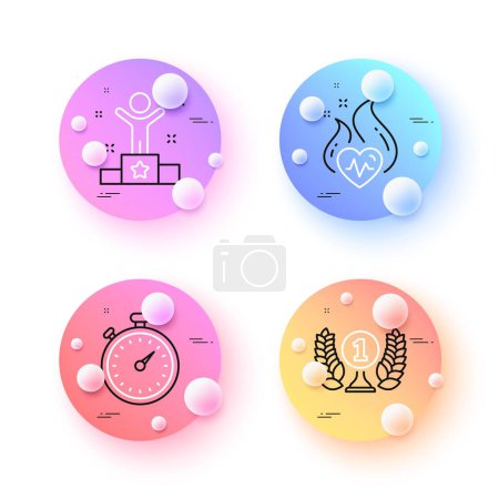 Illustration for Cardio training, Timer and Laureate award minimal line icons. 3d spheres or balls buttons. Winner icons. For web, application, printing. Fat burn, Stopwatch gadget, Prize. Success award. Vector - Royalty Free Image