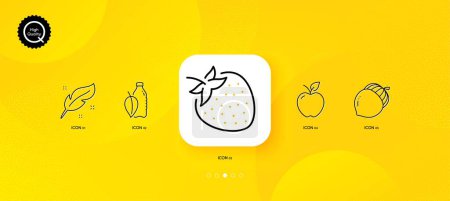 Téléchargez les illustrations : Apple, Strawberry and Water bottle minimal line icons. Yellow abstract background. Acorn, Feather icons. For web, application, printing. Fresh fruit, Mint leaf drink, Oaknut. Nib pen. Vector - en licence libre de droit