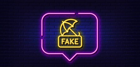 Illustration for Neon light speech bubble. Fake news line icon. Protection from propaganda sign. Umbrella protect symbol. Neon light background. Fake news glow line. Brick wall banner. Vector - Royalty Free Image
