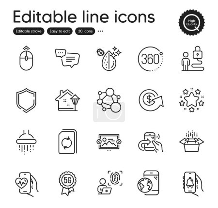 Ilustración de Set of Technology outline icons. Contains icons as Image carousel, Dollar exchange and Text message elements. Swipe up, Integrity, Mobile internet web signs. Cardio training, Stars. Vector - Imagen libre de derechos