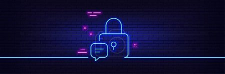 Illustration for Neon light glow effect. Lock line icon. Padlock with chat bubble sign. Message protection symbol. 3d line neon glow icon. Brick wall banner. Lock outline. Vector - Royalty Free Image