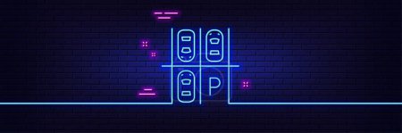 Illustration for Neon light glow effect. Parking place line icon. Car park sign. Transport symbol. 3d line neon glow icon. Brick wall banner. Parking place outline. Vector - Royalty Free Image