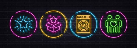 Illustration for Dryer machine, Twinkle star and Loyalty program minimal line icons. Neon laser 3d lights. Friends couple icons. For web, application, printing. Laundry, Best rating, Bonus star. Friendship. Vector - Royalty Free Image