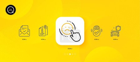 Ilustración de Verified internet, Attached info and Car secure minimal line icons. Yellow abstract background. Approved mail, Dislike icons. For web, application, printing. Vector - Imagen libre de derechos