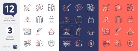 Téléchargez les illustrations : Set of Clean towel, No sun and Lock line icons. Include Floor lamp, Ranking stars, Inventory report icons. Medical analyzes, Confirmed flight, Reject protection web elements. Vector - en licence libre de droit