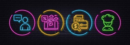 Ilustración de Users chat, Travel loan and Accounting report minimal line icons. Neon laser 3d lights. Cooking chef icons. For web, application, printing. Communication concept, Trip discount, Financial case. Vector - Imagen libre de derechos