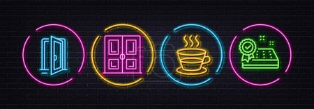 Illustration for Door, Open door and Coffee cup minimal line icons. Neon laser 3d lights. Mattress guarantee icons. For web, application, printing. Entrance, Tea mug, Sleeping pad. Neon lights buttons. Vector - Royalty Free Image
