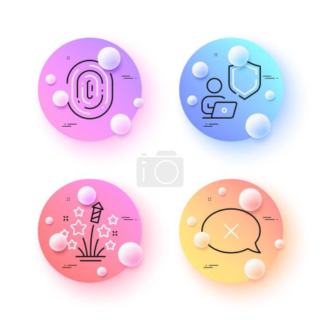 Illustration for Fireworks stars, Shield and Fingerprint minimal line icons. 3d spheres or balls buttons. Reject icons. For web, application, printing. Pyrotechnic salute, Online secure, Biometric scan. Vector - Royalty Free Image