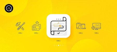 Téléchargez les illustrations : Seo, Hammer tool and Card minimal line icons. Yellow abstract background. Time management, Target path icons. For web, application, printing. Search engine, Repair screwdriver, Send payment. Vector - en licence libre de droit