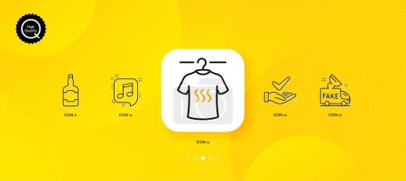 Téléchargez les illustrations : Musical note, Whiskey bottle and Dermatologically tested minimal line icons. Yellow abstract background. Fake news, Dry t-shirt icons. For web, application, printing. Vector - en licence libre de droit