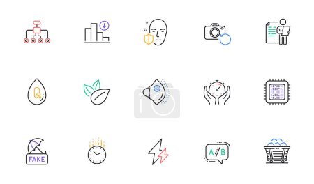 Illustration for Job interview, Time and Organic product line icons for website, printing. Collection of Decreasing graph, Cpu processor, Restructuring icons. Electricity, Fake news, No alcohol web elements. Vector - Royalty Free Image