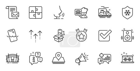 Ilustración de Outline set of Clean skin, Speakers and Seo statistics line icons for web application. Talk, information, delivery truck outline icon. Include Pin, Ranking star, Arena stadium icons. Vector - Imagen libre de derechos