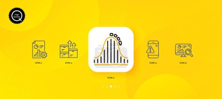 Téléchargez les illustrations : Seo analytics, Report and Warning message minimal line icons. Yellow abstract background. Roller coaster, Wholesale goods icons. For web, application, printing. Vector - en licence libre de droit