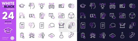 Téléchargez les illustrations : Feather signature, Microphone and Good mood line icons for website, printing. Collection of Search employee, Creativity concept, Event click icons. Document, Chemistry lab. Vector - en licence libre de droit