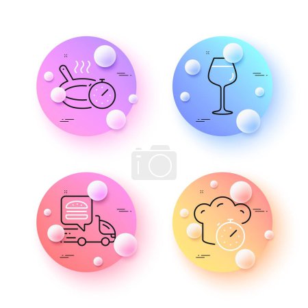 Téléchargez les illustrations : Frying pan, Bordeaux glass and Food delivery minimal line icons. 3d spheres or balls buttons. Cooking timer icons. For web, application, printing. Cooking timer, Wine glass, Meal order. Vector - en licence libre de droit