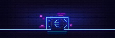 Illustration for Neon light glow effect. Cash money line icon. Banking currency sign. Euro or EUR symbol. 3d line neon glow icon. Brick wall banner. Euro currency outline. Vector - Royalty Free Image