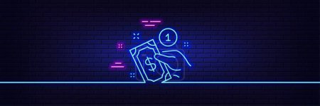 Illustration for Neon light glow effect. Payment method line icon. Give cash money sign. 3d line neon glow icon. Brick wall banner. Payment method outline. Vector - Royalty Free Image