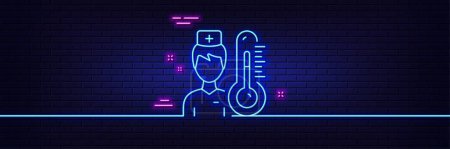 Illustration for Neon light glow effect. Thermometer with doctor line icon. Temperature diagnostic sign. Fever measuring symbol. 3d line neon glow icon. Brick wall banner. Thermometer outline. Vector - Royalty Free Image
