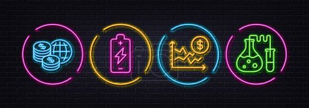Illustration for Battery charging, World money and Dollar rate minimal line icons. Neon laser 3d lights. Chemistry lab icons. For web, application, printing. Electric energy, Global markets, Currency trade. Vector - Royalty Free Image