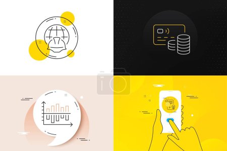 Illustration for Minimal set of Card, Diagram chart and Cogwheel line icons. Phone screen, Quote banners. Global engineering icons. For web development. Bank payment, Presentation graph, Idea bulb. Vector - Royalty Free Image