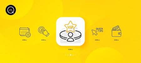 Téléchargez les illustrations : Calendar, Touchscreen gesture and Quick tips minimal line icons. Yellow abstract background. Vip table, Debit card icons. For web, application, printing. Vector - en licence libre de droit