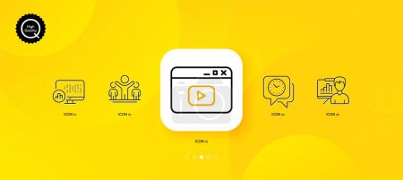 Ilustración de Presentation board, Clock and Video content minimal line icons. Yellow abstract background. Winner, Report statistics icons. For web, application, printing. Growth chart, Time, Browser window. Vector - Imagen libre de derechos