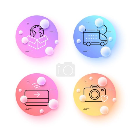 Téléchargez les illustrations : Delivery service, Delivery and Photo camera minimal line icons. 3d spheres or balls buttons. Contactless payment icons. For web, application, printing. Vector - en licence libre de droit