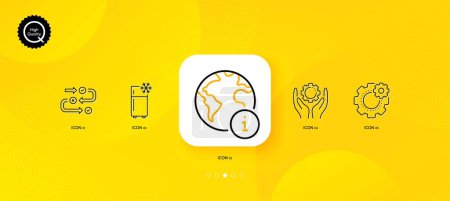 Illustration for Employee hand, Survey progress and Refrigerator minimal line icons. Yellow abstract background. Cogwheel, Internet icons. For web, application, printing. Work gear, Algorithm, Kitchen fridge. Vector - Royalty Free Image