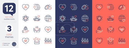 Téléchargez les illustrations : Set of Wedding rings, Atom and Love mail line icons. Include Friends couple, Love her, Honeymoon travel icons. Marry me, Inclusion, Hold heart web elements. Equality. For web, application. Vector - en licence libre de droit