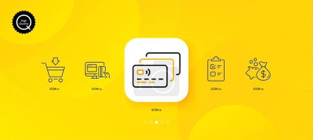 Téléchargez les illustrations : Loan, Online market and Checklist minimal line icons. Yellow abstract background. Online payment, Card icons. For web, application, printing. Vector - en licence libre de droit