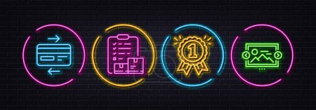 Téléchargez les illustrations : Inventory checklist, Reward and Credit card minimal line icons. Neon laser 3d lights. Image carousel icons. For web, application, printing. Warehouse control, First place, Bank payment. Vector - en licence libre de droit