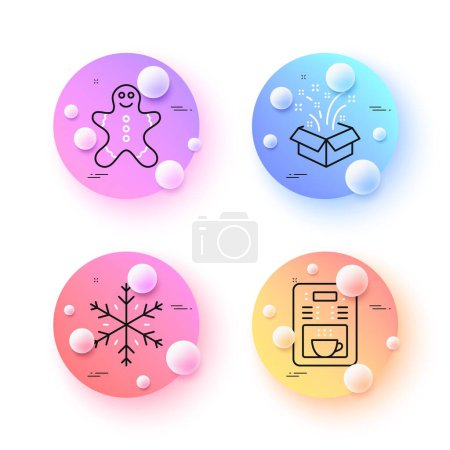 Illustration for Snowflake, Coffee maker and Gingerbread man minimal line icons. 3d spheres or balls buttons. Gift icons. For web, application, printing. Snow, Tea machine, Christmas cookie. New year. Vector - Royalty Free Image