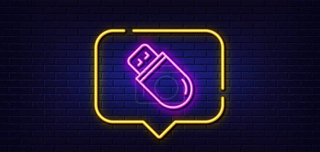 Illustration for Neon light speech bubble. Usb stick line icon. Computer memory component sign. Data storage symbol. Neon light background. Usb stick glow line. Brick wall banner. Vector - Royalty Free Image