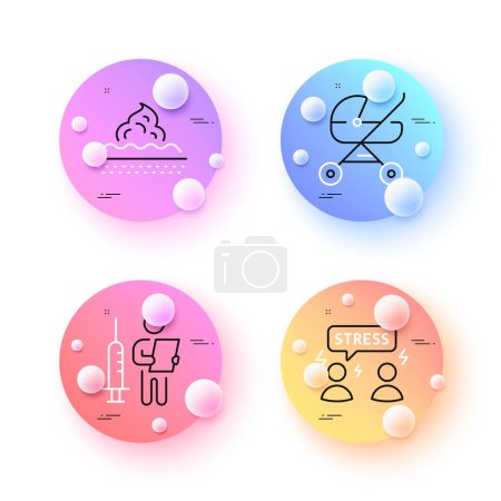 Téléchargez les illustrations : Baby carriage, Vaccination announcement and Skin care minimal line icons. 3d spheres or balls buttons. Difficult stress icons. For web, application, printing. Vector - en licence libre de droit