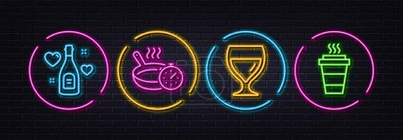 Téléchargez les illustrations : Love champagne, Wine glass and Frying pan minimal line icons. Neon laser 3d lights. Takeaway icons. For web, application, printing. Valentines day, Cabernet wineglass, Cooking timer. Vector - en licence libre de droit