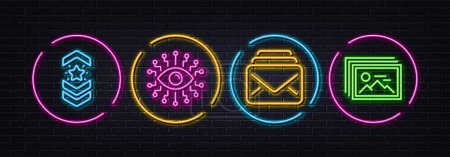 Illustration for Shoulder strap, Mail and Artificial intelligence minimal line icons. Neon laser 3d lights. Image gallery icons. For web, application, printing. Star rank, New messages, All-seeing eye. Vector - Royalty Free Image