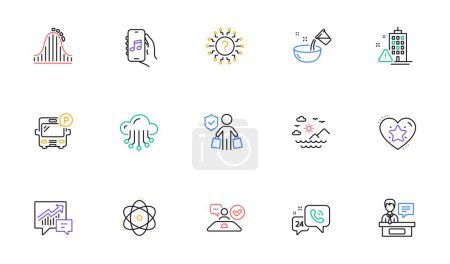 Illustration for Atom, Exhibitors and Job interview line icons for website, printing. Collection of Question mark, Building warning, Sea mountains icons. Bus parking, Accounting, Music app web elements. Vector - Royalty Free Image