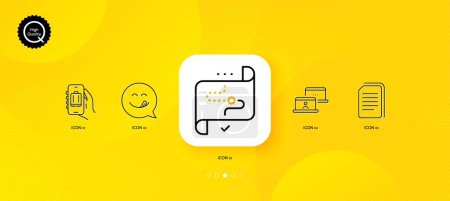 Téléchargez les illustrations : Outsource work, Target path and Baggage app minimal line icons. Yellow abstract background. Copy files, Yummy smile icons. For web, application, printing. Vector - en licence libre de droit