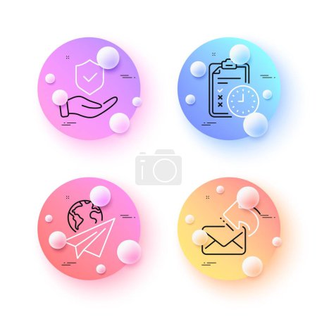 Illustration for Insurance hand, Paper plane and Exam time minimal line icons. 3d spheres or balls buttons. Share mail icons. For web, application, printing. Full coverage, Airplane travel, Checklist. Vector - Royalty Free Image
