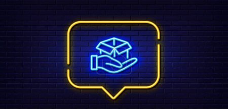 Illustration for Neon light speech bubble. Hold open box line icon. Delivery parcel sign. Cargo package symbol. Neon light background. Hold box glow line. Brick wall banner. Vector - Royalty Free Image
