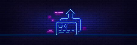 Illustration for Neon light glow effect. Credit card line icon. Send money payment sign. Receive transaction symbol. 3d line neon glow icon. Brick wall banner. Card outline. Vector - Royalty Free Image