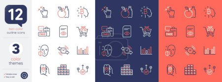 Ilustración de Set of Wholesale inventory, Column chart and Touchscreen gesture line icons. Include Apple, Location app, Bitcoin think icons. Correct way, Fake document, Timer web elements. Vector - Imagen libre de derechos