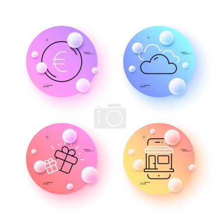 Téléchargez les illustrations : Cloudy weather, Euro money and Marketplace minimal line icons. 3d spheres or balls buttons. Gift icons. For web, application, printing. Sky climate, Currency, Online shop. Marketing box. Vector - en licence libre de droit