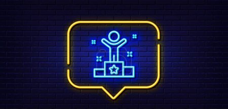 Illustration for Neon light speech bubble. Winner podium line icon. Success sign. First place award symbol. Neon light background. Winner glow line. Brick wall banner. Vector - Royalty Free Image