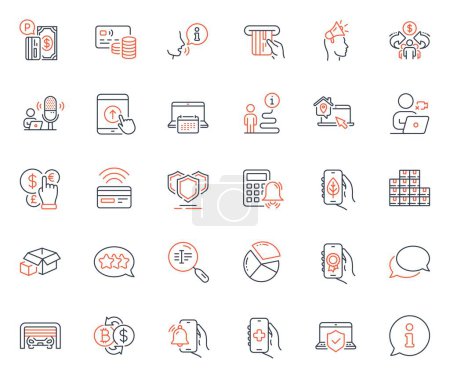Illustration for Technology icons set. Included icon as Laptop insurance, Shields and Money currency web elements. Parking garage, Ecology app, Info icons. Health app, Swipe up, Stars web signs. Vector - Royalty Free Image