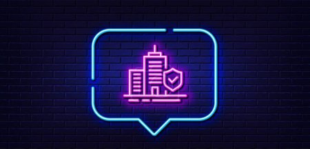 Illustration for Neon light speech bubble. Apartment insurance hand line icon. Risk coverage sign. Building protection symbol. Neon light background. Apartment insurance glow line. Brick wall banner. Vector - Royalty Free Image